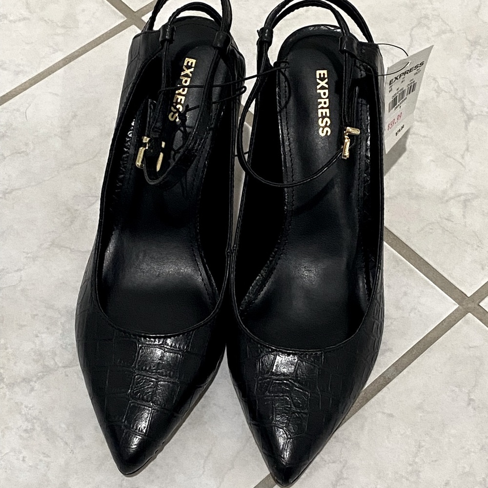 Black Heels Croc Embossed Point Toe Pumps Shoes